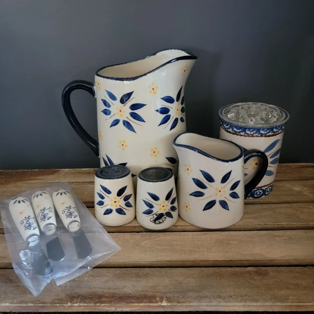 Temptation‎ Old World Pitcher Salt Pepper Creamer Spreader Garlic Keeper Flower